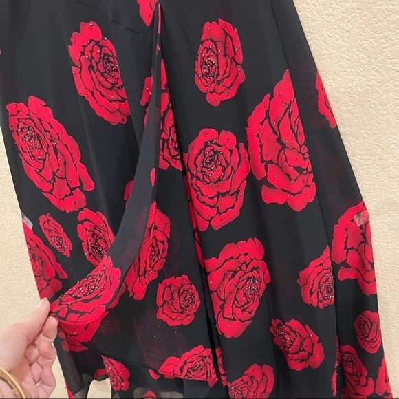 VTG Betsy & Adam Sz 10 Black Red V Neck Floral Sequin Side Slit Gown Dress Prom - Picture 3 of 11